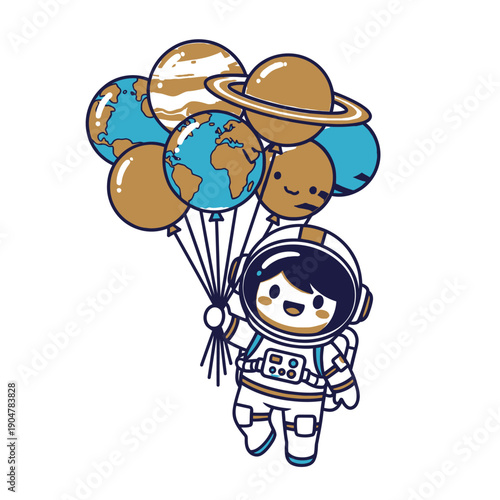 Cartoon astronaut holding colorful balloons shaped like planets and Earth in a white space with a cheerful expression.