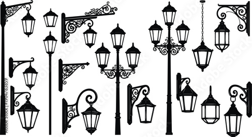 Vintage street lamp silhouettes collection, classic lantern designs, ornate iron lighting elements, urban outdoor decor, black isolated vector set