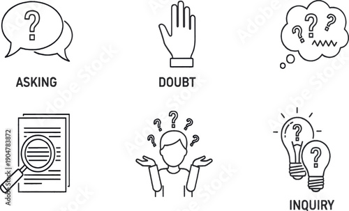 Print Minimalist Cognitive Doubt and Inquiry Icon Set Featuring Asking Speech Bubbles Uncertainty Gestures and Analytical Research Symbols