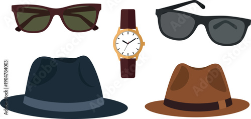 Collection of vintage and modern masculine accessories including fedora hats sunglasses and a classic gold wristwatch displayed against a white background