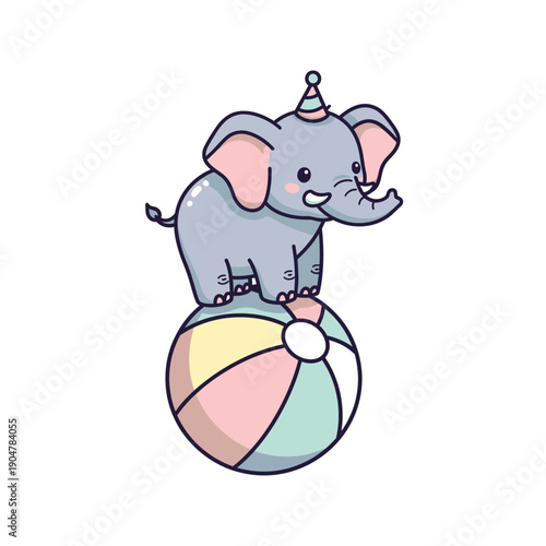 A cartoon elephant wearing a party hat balances on a colorful beach ball against a clean white background with a playful and festive mood.