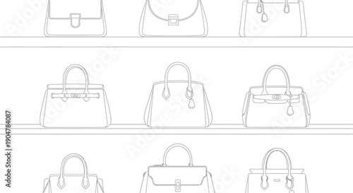 Collection of elegant handbag line art illustrations displayed neatly arranged upon shelves showcasing various sophisticated fashion accessory designs perfect for coloring pages.