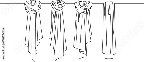 Simple line art illustration showing four different ways to drape or hang scarves and textiles over a narrow horizontal rod for display or storage purposes
