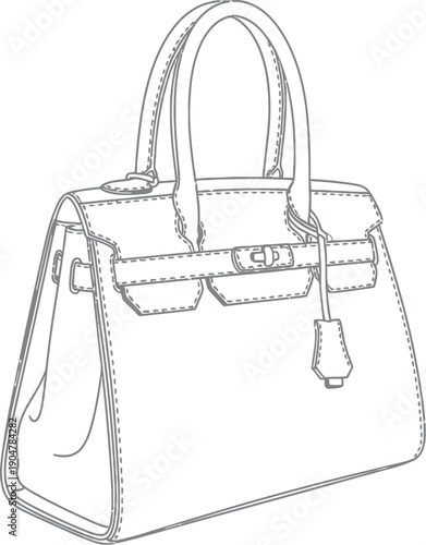 Detailed black and white outline drawing of a classic structured leather handbag featuring top handles and a prominent front closure design element.