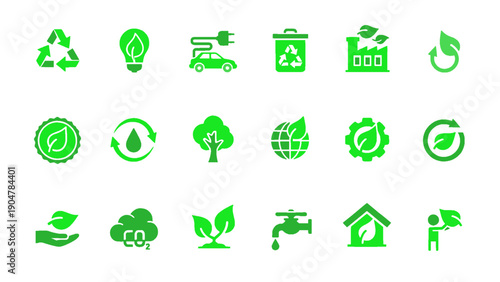 An icon set representing eco systems, environment care, and sustainability concepts.