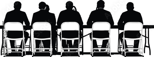 Business people silhouette sitting at conference table from behind representing corporate meeting teamwork leadership discussion decision making concept