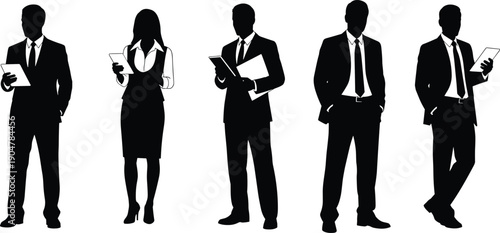 Business people silhouettes with documents and tablets professional corporate team illustration isolated on white background for office and leadership concepts