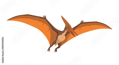 A brown and orange cartoon pterodactyl, a prehistoric flying dinosaur, soaring gracefully with wide wings spread