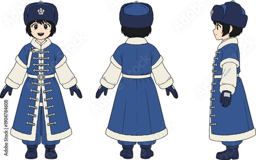 Cute winter character design turnaround wearing traditional fur coat and hat, front back side views cartoon illustration