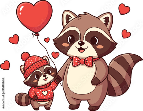 Cute cartoon raccoons in red winter clothing holding heart balloon with floating hearts, family love, affectionate animal illustration artwork