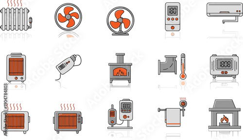 Heating and cooling equipment icon set with radiator, fans, air conditioner, thermostat, fireplace, heater, and temperature control devices.