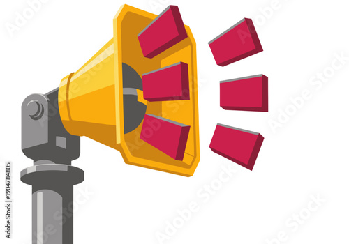 Emergency siren blares from a bright yellow tower. Bold red blocks project sound. Clear, impactful visual alert. Suitable for safety, warning, and emergency themes.