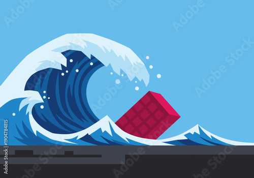 Dramatic wave crashes over a shipping container, illustrating a tsunami alert. Bold colors and graphic style create a striking visual warning. Suitable for disaster preparedness themes.