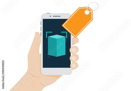A hand scans a product with a smartphone, displaying an AI shopping tag. Modern, digital retail concept. Clean, bright, and focused.