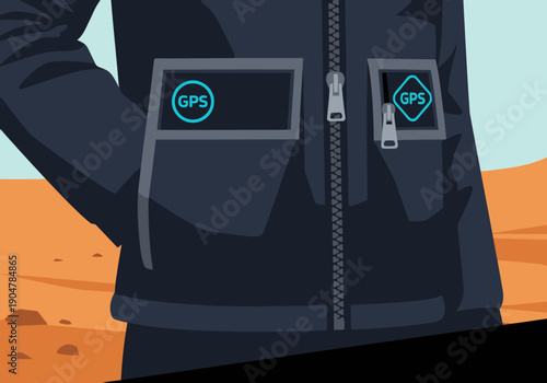 figure wears a tracking jacket with GPS indicators The image showcases a rugged outdoor jacket with practical pockets and a modern design Suitable for adventure exploration and outdoor gear marketing