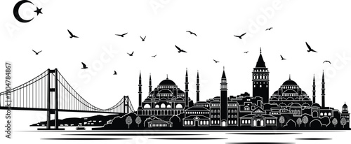 Istanbul skyline silhouette with mosques, minarets and Bosphorus bridge, crescent moon night cityscape vector illustration for Ramadan, Eid, Islamic travel design