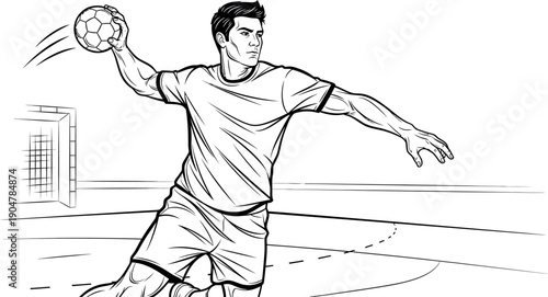 Athletic male handball player powerfully throws the ball towards the goal in a dynamic jump shot action drawing perfect for sports coloring pages or illustrations.