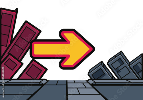Illustration depicts an evacuation route escaping collapsing buildings. Bold yellow arrow indicates direction. Clear, graphic style for safety awareness.