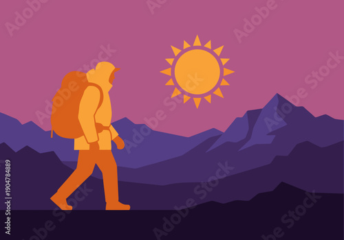 A hiker explores a mountain range under a vibrant sunset. Offgrid Gear?s sustainable apparel shines in this outdoor adventure scene. Bold colors and a clear composition.