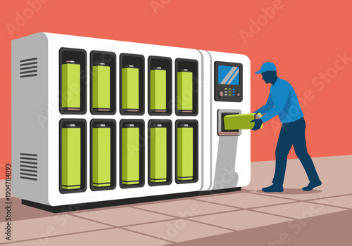 A man swaps a battery at a modern battery swapping station. Clean, bright, and eco-friendly design. Professional setting, showcasing sustainable technology.