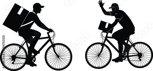 Black Silhouette Vector Illustration of Delivery Men Riding Bicycles with Parcels for Logistics Service Food Shipping Courier Business and Online Shopping Designs