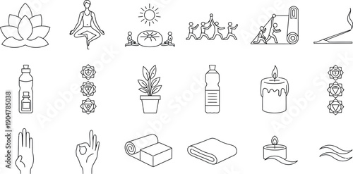 Collection of thin line icons representing various wellness activities and essential tools used for meditation yoga and holistic healing practices including spiritual symbols and relaxation aids