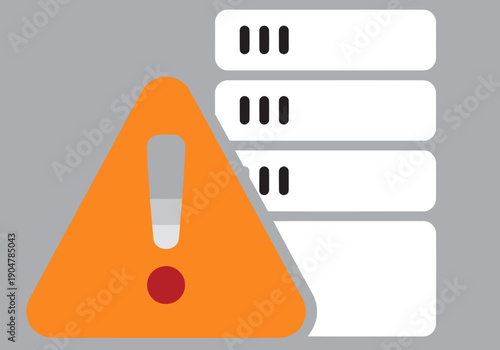 Security breach alert graphic featuring a warning sign over server stacks. Bold, modern design with vibrant purple and orange colors. Suitable for digital marketing and cybersecurity themes.