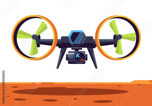 A sleek survey drone captures a Martian landscape. Modern design, vibrant colors, and a clear composition make this image ideal for space exploration and technology themes.