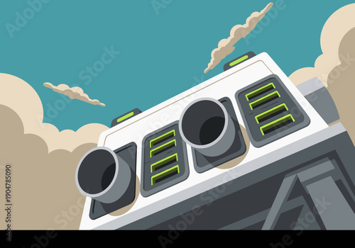 A stylized, futuristic energy tower dominates the view, set against a cloudy sky. Bold design and vibrant colors create a striking, modern illustration.