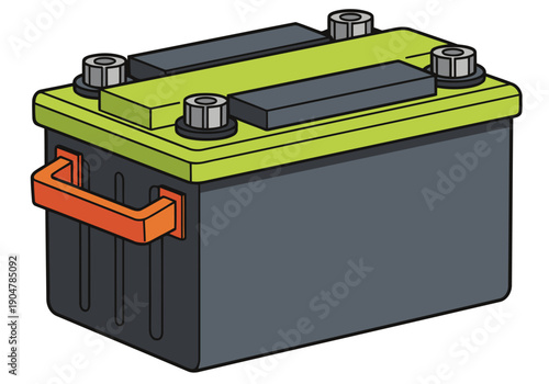 A stylized illustration of a lithium battery energy module. Clean, modern design with vibrant green and orange accents. Perfect for tech, energy, and battery-related visuals.