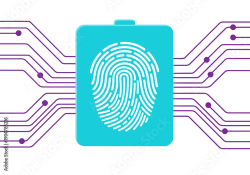 A vibrant digital fingerprint icon secures a blue tablet, overlaid with circuit board patterns. Modern biometric security concept. Clean, professional design.