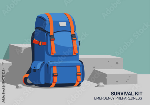 A vibrant blue backpack sits on a concrete block, symbolizing emergency preparedness. Clean, modern illustration with a focus on survival essentials. Perfect for marketing and educational content.