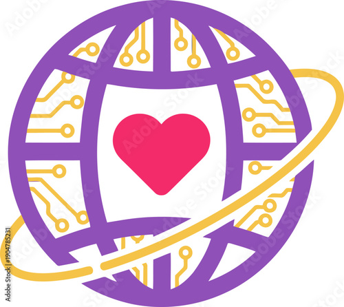 A vibrant global AI content network logo featuring a stylized Earth with circuit board details and a central heart. Modern, digital, and optimistic design.
