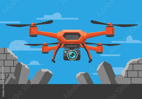 A vibrant orange rescue drone flies over a crumbling wall, symbolizing disaster relief. Modern, clean design. Ideal for conveying hope and assistance.