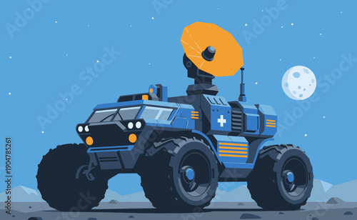 A vibrant lunar rover explores the moon's surface under a starry sky. This detailed illustration showcases a space mission concept with a striking design.
