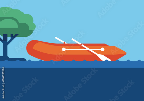 A vibrant rescue kayak navigates floodwaters, showcasing preparedness. Clear composition, bright colors, and a focus on emergency response. Ideal for safety and disaster relief visuals.