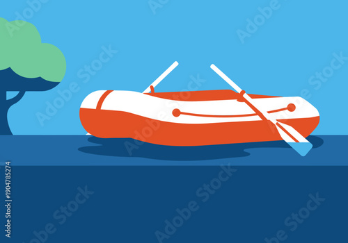 A vibrant rescue boat floats on calm water, ready for flood emergency response. Clean design, bright colors, and clear composition for impactful visuals.