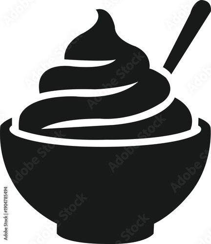 Minimal black silhouette of a dessert bowl filled with soft serve ice cream