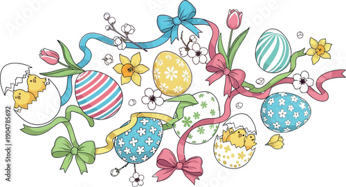 Delightful collection of brightly decorated Easter eggs adorned with spring flowers colorful ribbons and cute newly hatched chicks floating gently against a soft pale background