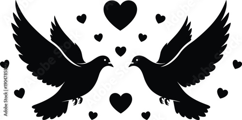 Black Silhouette Vector Illustration of Two Flying Doves Surrounded by Heart Shapes for Peace Love Wedding Valentine and Romantic Celebration Card Designs