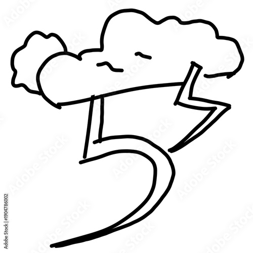 Hand-drawn doodle of a storm cloud with lightning bolt, minimalist weather icon illustration on white background