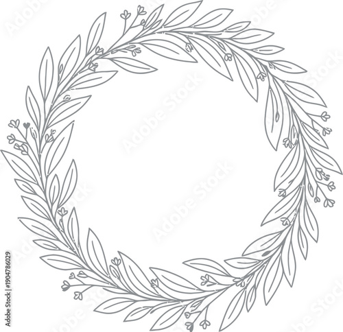 Elegant black and white line art illustration depicting a delicate circular wreath composed of elongated leaves and small budding floral elements perfect for design accents.