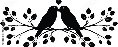 Black Silhouette Vector Illustration of Two Lovebirds Sitting on Tree Branches with Heart Shape, Romantic Couple Birds for Wedding Valentine and Anniversary Designs