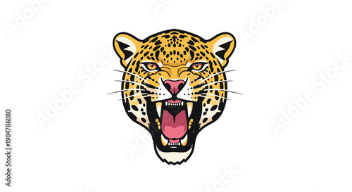 Fierce jaguar head illustration roaring with an open mouth, showcasing predatory power and vibrant natural markings