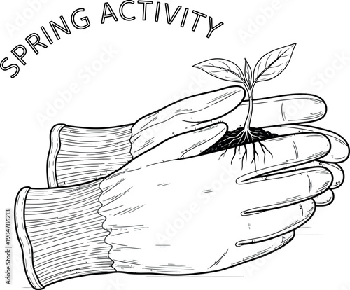 Gardeners wearing protective gloves carefully hold a small plant seedling with visible roots in rich soil ready for transplantation during seasonal outdoor activity.
