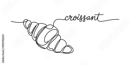 Minimalist one line drawing of a delicious french croissant with cursive text on white background. Vector, illustration