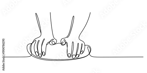 Continuous line drawing of a person's hands kneading dough on a flat surface Vector, illustration