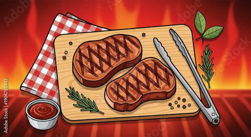 Two Grilled Steaks on a Wooden Board with Tongs and Ketchup.