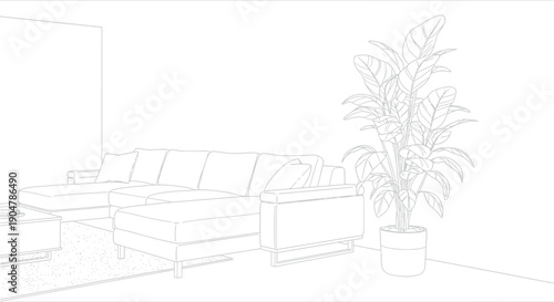 Minimalist line art drawing showcasing a modern sectional sofa arrangement with a large potted houseplant suggesting contemporary living room interior design concepts.