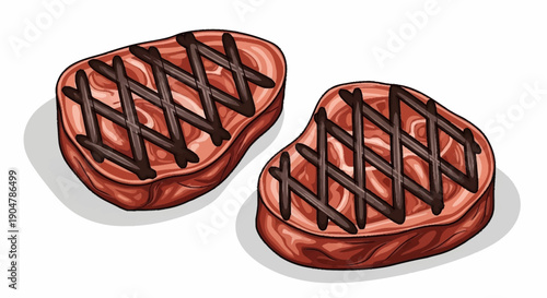 Two grilled steaks with crosshatch grill marks on a white background.